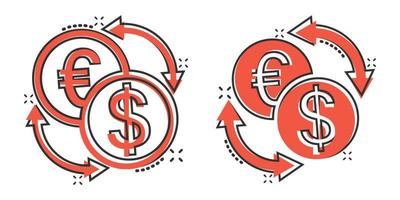icône de change dans le style comique. illustration de vecteur de dessin animé de transfert dollar euro sur fond blanc isolé. concept d'entreprise d'effet d'éclaboussure de processus financier.