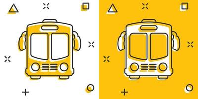 icône de bus dans le style comique. illustration vectorielle de dessin animé de voiture d'entraîneur sur fond blanc isolé. concept d'entreprise d'effet d'éclaboussure d'autobus. vecteur