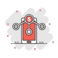 icône de services de paiement dans le style comique. argent envoyer illustration de vecteur de dessin animé sur fond blanc isolé. concept d'entreprise d'effet d'éclaboussure de transaction de smartphone.