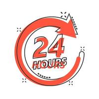 icône d'horloge de vingt-quatre heures de dessin animé de vecteur dans le style comique. 24 7 pictogramme d'illustration de concept de temps de service. concept d'effet splash d'entreprise 24 heures sur 24.