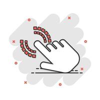 dessin animé de vecteur cliquez sur l'icône de la main dans le style comique. pictogramme d'illustration de signe de doigt de curseur. concept d'effet d'éclaboussure d'entreprise de pointeur.