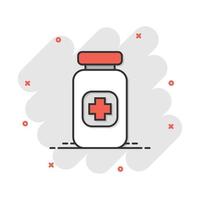 icône de pilule de dessin animé de vecteur dans le style comique. pictogramme d'illustration de concept de tablette. concept d'effet d'éclaboussure d'entreprise médicale de bouteille.