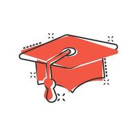 icône de chapeau de graduation dans le style comique. illustration de vecteur de dessin animé de cap étudiant sur fond blanc isolé. concept d'entreprise d'effet d'éclaboussure de l'université.