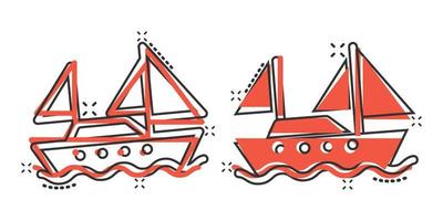 icône de bateau de tourisme dans le style comique. illustration de vecteur de dessin animé de bateau de pêche sur fond blanc isolé. concept d'entreprise d'effet d'éclaboussure de destination de pétrolier.