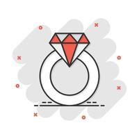 bague de fiançailles de dessin animé de vecteur avec l'icône de diamant dans le style comique. pictogramme d'illustration de bague de bijoux de mariage. concept d'effet d'éclaboussure d'affaires de relation romantique.