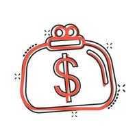 icône de portefeuille dans le style comique. illustration de vecteur de dessin animé de sac à main sur fond blanc isolé. concept d'entreprise d'effet d'éclaboussure de sac de finances.