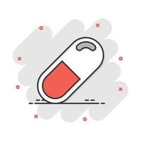 icône de tablette de pilules de capsule de dessin animé de vecteur dans le style comique. pictogramme d'illustration de concept de pilules médicales. concept d'effet d'éclaboussure de capsule et de drogue.