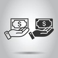 icône de rémunération dans un style plat. argent en illustration vectorielle de main sur fond blanc isolé. concept d'entreprise de paie de billets de banque. vecteur