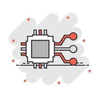icône de puce informatique dans le style comique. illustration de vecteur de dessin animé de carte de circuit imprimé sur fond blanc isolé. concept d'entreprise d'effet d'éclaboussure du processeur cpu.