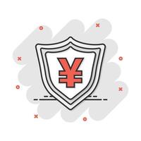 yen de dessin animé de vecteur, icône de devise d'argent de bouclier de yuan dans le style comique. pictogramme d'illustration de concept de protection des pièces de monnaie yen. concept d'effet d'éclaboussure d'affaires d'argent en asie. vecteur