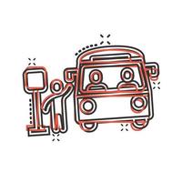 icône de la gare routière dans le style comique. illustration vectorielle de dessin animé d'arrêt automatique sur fond blanc isolé. concept d'entreprise d'effet d'éclaboussure de véhicule autobus. vecteur