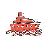 icône de bateau de tourisme dans le style comique. illustration de vecteur de dessin animé de bateau de pêche sur fond blanc isolé. concept d'entreprise d'effet d'éclaboussure de destination de pétrolier.