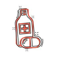 icône de bouteille de pilule dans le style comique. illustration de vecteur de dessin animé de médicaments sur fond blanc isolé. concept d'entreprise d'effet d'éclaboussure de pharmacie.