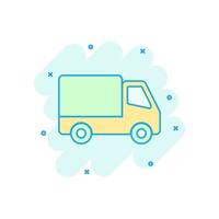icône de signe de camion de livraison dans le style comique. illustration de dessin animé de van vector sur fond blanc isolé. effet d'éclaboussure du concept d'entreprise de voiture de fret.