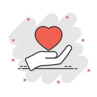 icône de soins cardiaques dans le style comique. illustration de dessin animé de vecteur de charité sur fond blanc isolé. amour dans l'effet d'éclaboussure de concept d'entreprise de main.