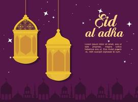 célébration eid al adha mubarak avec des lanternes suspendues vecteur