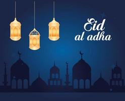 célébration eid al adha mubarak avec des lanternes suspendues vecteur