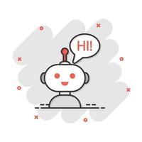 icône de chatbot robot mignon dans le style comique. pictogramme d'illustration de dessin animé de vecteur d'opérateur de bot. effet d'éclaboussure de concept d'entreprise de personnage de chatbot intelligent.