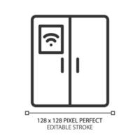 intelligent frigo pixel parfait linéaire icône. cuisine appareil. nourriture stockage. l'Internet de choses. automatique réfrigérateur. mince ligne illustration. contour symbole. vecteur contour dessin. modifiable accident vasculaire cérébral