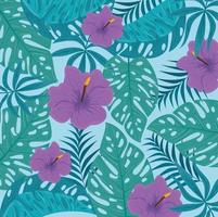 fond de feuillage tropical avec des feuilles vertes et des fleurs violettes vecteur