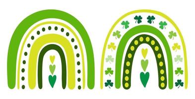 main tiré agrafe art ensemble de irlandais arcs en ciel avec cœurs et chanceux trèfle feuilles sur isolé Contexte. boho style conception pour st. patricks journée fête, fête décoration, scrapbooking, Accueil décor. vecteur