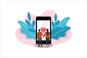 mignonne couple avec téléphone intelligent concept de en ligne sortir ensemble vecteur illustration