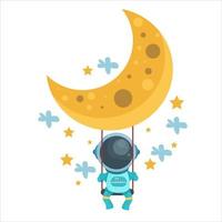 personnage astronaute est balançant en dessous de le lune dans mignonne dessin animé style vecteur