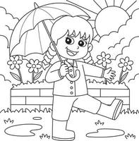 printemps fille en portant un parapluie coloration page vecteur