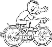 dessin animé garçon personnage équitation une vélo coloration page vecteur