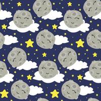 une modèle avec une mignonne lune dans le ciel avec étoiles, des nuages sur bleu. enfants illustration. impression sur papier et textiles. cadeau emballage, Contexte pour cartes postales, bannière, tissu. les enfants vecteur