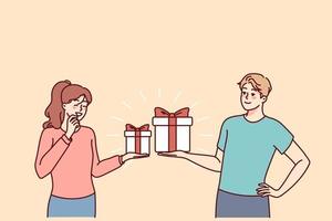 content couple échange présente pour Valentin journée. souriant homme et femme faire surprise donner cadeaux sur spécial occasion. vecteur illustration.