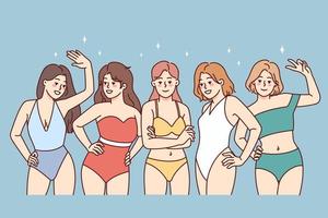 portrait de souriant les filles dans maillots de bain posant ensemble. content diverse Jeune femmes dans bikini prendre plaisir été vacances. la diversité et corps positivité. vecteur illustration.