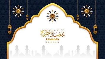 Ramadan kareem bannière conception avec arabe calligraphie dans foncé bleu, blanc et or couleur. islamique Contexte vecteur