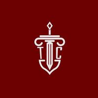 tc initiale logo monogramme conception pour légal avocat vecteur image avec épée et bouclier