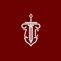 zc initiale logo monogramme conception pour légal avocat vecteur image avec épée et bouclier