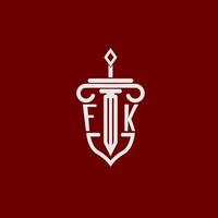 fk initiale logo monogramme conception pour légal avocat vecteur image avec épée et bouclier