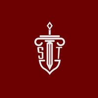 st initiale logo monogramme conception pour légal avocat vecteur image avec épée et bouclier