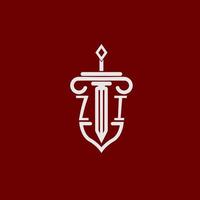 zi initiale logo monogramme conception pour légal avocat vecteur image avec épée et bouclier