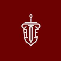 ae initiale logo monogramme conception pour légal avocat vecteur image avec épée et bouclier