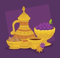 carte de célébration eid al adha avec pot doré et raisins vecteur