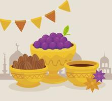 carte de célébration eid al adha avec des fruits et de la nourriture dans des bols dorés vecteur