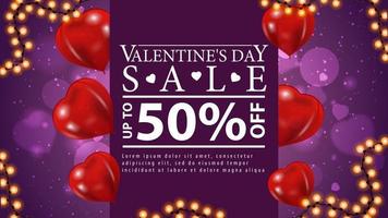 vente de la Saint-Valentin, bannière web violet avec cadre de guirlande, forme de ballons de coeurs et grande offre blanche vecteur