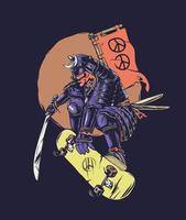 samouraï de skateboard avec symbole de paix vecteur