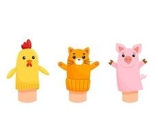 chaussettes marionnettes. poupées pour les enfants théâtre. éducatif Jeu avec mignonne animal sur main, vecteur personnages chat, porc et poulet isolé sur blanche. Contexte.