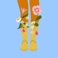 femelle jambes dans le caoutchouc bottes. cool chaussure avec fleurs. haute chaussettes . main tiré vecteur coloré branché mode illustration. plat conception