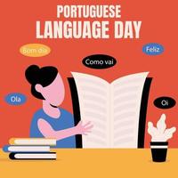 illustration vecteur graphique de une femme ouvre une Portugais dictionnaire sur une tableau, parfait pour international jour, monde Portugais Langue jour, célébrer, salutation carte, etc.