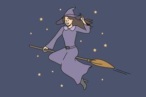 souriant Jeune sorcière dans costume en volant sur balai dans foncé nuit ciel. content femelle magicien ou sorcier mouche dans étoilé ciel. vecteur illustration.