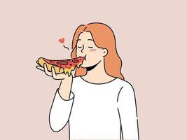 content femme en mangeant délicieux Pizza. souriant fille prendre plaisir savoureux italien vite aliments. traditionnel cuisine. vecteur illustration.