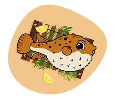 dessin animé illustration avec mignonne et marrant puffer poisson sur le planche avec citrons et aneth. fugu poisson. vecteur illustration.