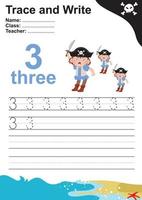 tracer et écrire le numéro pour les enfants. exercice pour que les enfants reconnaissent le nombre. feuille de travail pédagogique pour le préscolaire. fichier vectoriel. vecteur